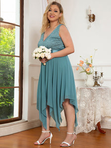 Color=Dusty blue | Plus Size Deep V Neck Asymmetrical Hem Sleeveless Wholesale Dresses-Dusty blue 3