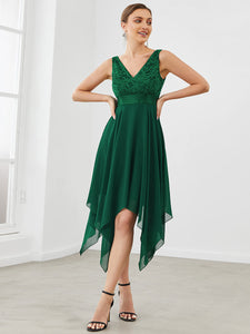 Color=Dark Green | Deep V Neck Asymmetrical Hem Sleeveless Wholesale Dresses-Dark Green 4