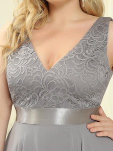 Color=Grey | Plus Size Deep V Neck Asymmetrical Hem Sleeveless Wholesale Dresses-Grey 5