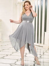 Load image into Gallery viewer, Color=Grey | Plus Size Deep V Neck Asymmetrical Hem Sleeveless Wholesale Dresses-Grey 1