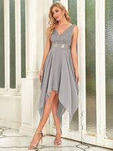 Load image into Gallery viewer, Color=Grey | Deep V Neck Asymmetrical Hem Sleeveless Wholesale Dresses-Grey 4
