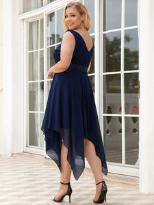 Color=Navy Blue | Plus Size Deep V Neck Asymmetrical Hem Sleeveless Wholesale Dresses-Navy Blue 2