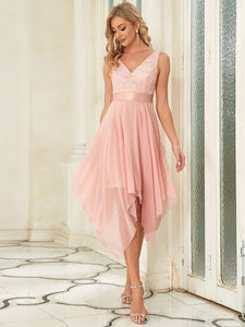 Color=Pink | Deep V Neck Asymmetrical Hem Sleeveless Wholesale Dresses-Pink 1