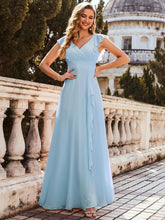 Load image into Gallery viewer, Color=Sky Blue | Cute V Neck Wholesale Bridesmaid Dress With Ruffles-Sky Blue 1