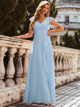Load image into Gallery viewer, Color=Sky Blue | Cute V Neck Wholesale Bridesmaid Dress With Ruffles-Sky Blue 4