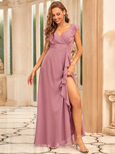 Load image into Gallery viewer, Color=Orchid | Cute V Neck Wholesale Bridesmaid Dress With Ruffles-Orchid 1