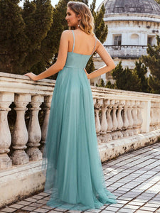 Color=Dusty blue | Modest Wholesale High-Low Tulle Prom Dress For Women-Dusty Blue  6