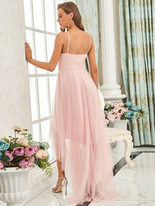 Color=Pink | Modest Wholesale High-Low Tulle Prom Dress For Women-Pink 2