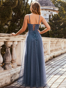 Color=Dusty Navy | Simple Wholesale A-Line Evening Dress With Lace-Up Back-Dusty Navy 2