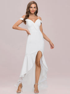 Color=Cream | Stunning Off Shoulder Wholesale High-Low Evening Dress With Tulle-Cream 6