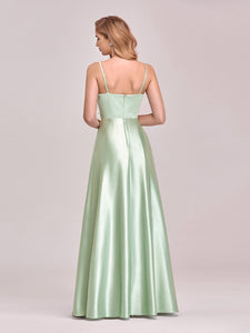 Color=Mint Green | Stunning Deep V Neck A-Line Satin Wholesale Prom Dresses-Mint Green 2