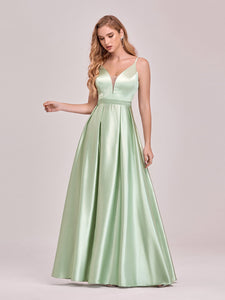 Color=Mint Green | Stunning Deep V Neck A-Line Satin Wholesale Prom Dresses-Mint Green 3