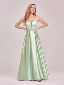 Color=Mint Green | Stunning Deep V Neck A-Line Satin Wholesale Prom Dresses-Mint Green 4