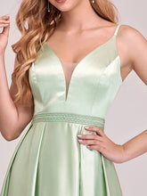 Load image into Gallery viewer, Color=Mint Green | Stunning Deep V Neck A-Line Satin Wholesale Prom Dresses-Mint Green 5