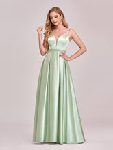 Load image into Gallery viewer, Color=Mint Green | Stunning Deep V Neck A-Line Satin Wholesale Prom Dresses-Mint Green 1