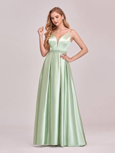 Color=Mint Green | Stunning Deep V Neck A-Line Satin Wholesale Prom Dresses-Mint Green 1