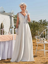 Load image into Gallery viewer, Color=Cream | Simple Deep V Neck Satin Wedding Dress With Tasseled Sleeves-Cream 3