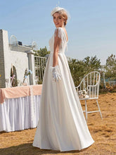 Load image into Gallery viewer, Color=Cream | Simple Deep V Neck Satin Wedding Dress With Tasseled Sleeves-Cream 4