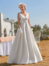 Load image into Gallery viewer, Color=Cream | Simple Deep V Neck Satin Wedding Dress With Tasseled Sleeves-Cream 1