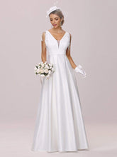 Load image into Gallery viewer, Color=Cream | Simple Deep V Neck Satin Wedding Dress With Tasseled Sleeves-Cream 5