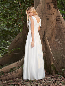Color=Cream | Women'S Wholesale A-Line Satin Wedding Dress With Deep V Neck-Cream 2