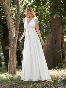 Color=Cream | Women'S Wholesale A-Line Satin Wedding Dress With Deep V Neck-Cream 1