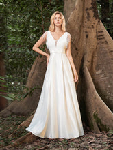 Load image into Gallery viewer, Color=Cream | Women&#39;S Wholesale A-Line Satin Wedding Dress With Deep V Neck-Cream 3