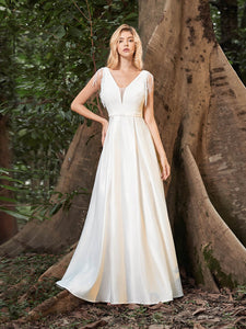 Color=Cream | Women'S Wholesale A-Line Satin Wedding Dress With Deep V Neck-Cream 3