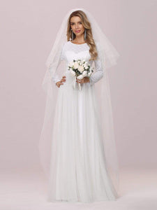 Color=Cream | Minimalist Maxi Tulle Wedding Dress With Long Sleeves-Cream 5