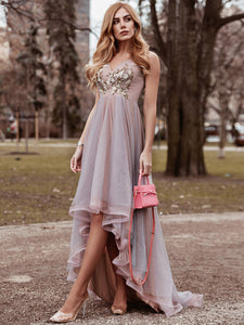 Color=Pink | Fancy V Neck Wholesale High-Low Prom Dress For Women-Pink 6