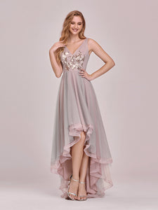 Color=Pink | Fancy V Neck Wholesale High-Low Prom Dress For Women-Pink 1