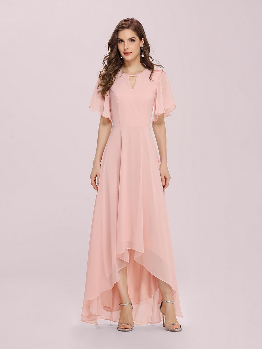 Color=Pink | Cute Wholesale Chiffon Bridesmaid Dress With Asymmetrical Hem-Pink 1