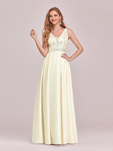 Color=Yellow | Sweet Double V Neck A-Line Wholesale Satin Prom Dress With Sequin-Yellow 1