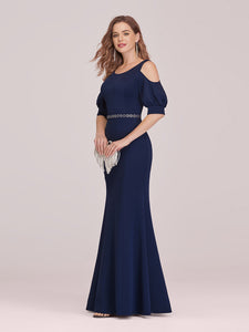 Color=Navy Blue | Fashion Round Neck Fishtail Wholesale Evening Dress With Cold Shoulder-Navy Blue 3