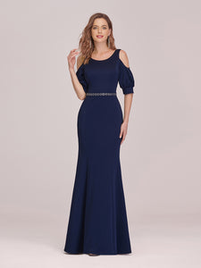 Color=Navy Blue | Fashion Round Neck Fishtail Wholesale Evening Dress With Cold Shoulder-Navy Blue 4