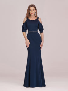 Color=Navy Blue | Fashion Round Neck Fishtail Wholesale Evening Dress With Cold Shoulder-Navy Blue 1