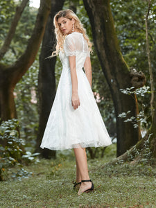 Color=Cream | Cute Round Neck Midi-Length Lace & Tulle Casual Dress Wholesale-Cream 5