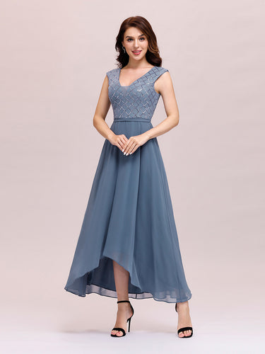 Color=Dusty Navy | Trendy V Neck High Waist Chiffon Cocktail Dress Wholesale-Dusty Navy 1