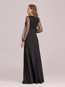 Color=Black | Wholesale Maxi Pleated Evening Dress With See Through Long Sleeves-Black 2