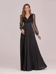 Color=Black | Wholesale Maxi Pleated Evening Dress With See Through Long Sleeves-Black 4