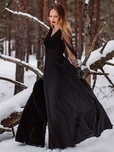 Load image into Gallery viewer, Color=Black | Wholesale Maxi Pleated Evening Dress With See Through Long Sleeves-Black 6