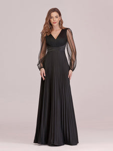 Color=Black | Wholesale Maxi Pleated Evening Dress With See Through Long Sleeves-Black 1