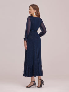 Color=Navy Blue | Simple V Neck Midi-Length Wholesale Casual Dress With Long Sleeves-Navy Blue 2