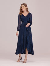 Load image into Gallery viewer, Color=Navy Blue | Simple V Neck Midi-Length Wholesale Casual Dress With Long Sleeves-Navy Blue 3