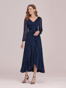 Color=Navy Blue | Simple V Neck Midi-Length Wholesale Casual Dress With Long Sleeves-Navy Blue 3