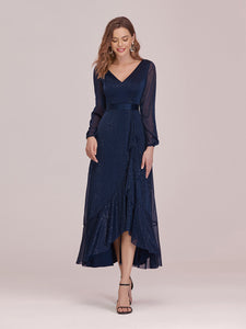 Color=Navy Blue | Simple V Neck Midi-Length Wholesale Casual Dress With Long Sleeves-Navy Blue 4