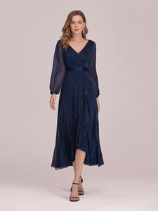 Color=Navy Blue | Simple V Neck Midi-Length Wholesale Casual Dress With Long Sleeves-Navy Blue 1