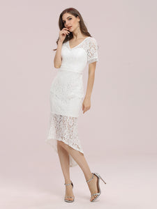 Color=Cream | Simple V Neck Wholesale Tea Length Lace Party Dress-Cream 3