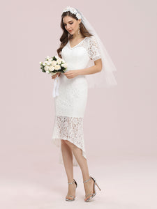 Color=Cream | Simple V Neck Wholesale Tea Length Lace Party Dress-Cream 4