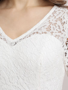 Color=Cream | Simple V Neck Wholesale Tea Length Lace Party Dress-Cream 5